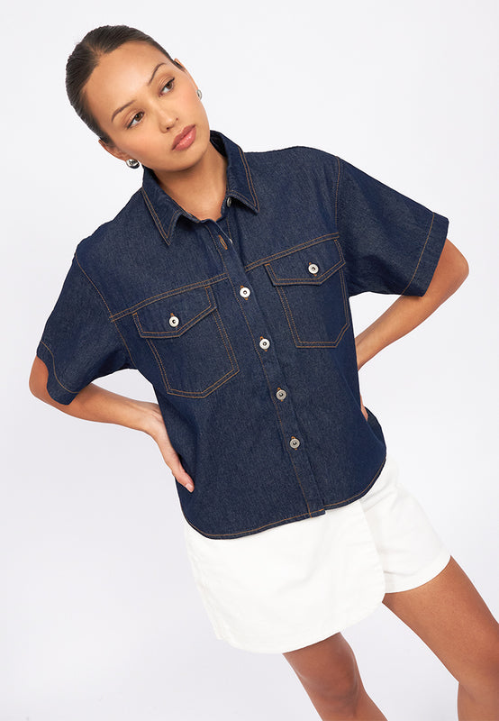 Double Pocket Short Sleeve Denim Shirt