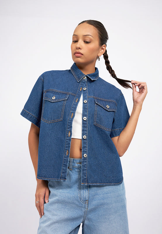 Double Pocket Short Sleeve Denim Shirt