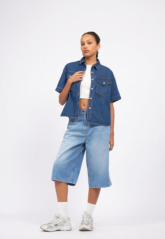 Double Pocket Short Sleeve Denim Shirt