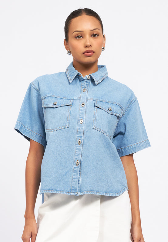 Double Pocket Short Sleeve Denim Shirt