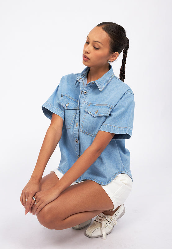 Double Pocket Short Sleeve Denim Shirt