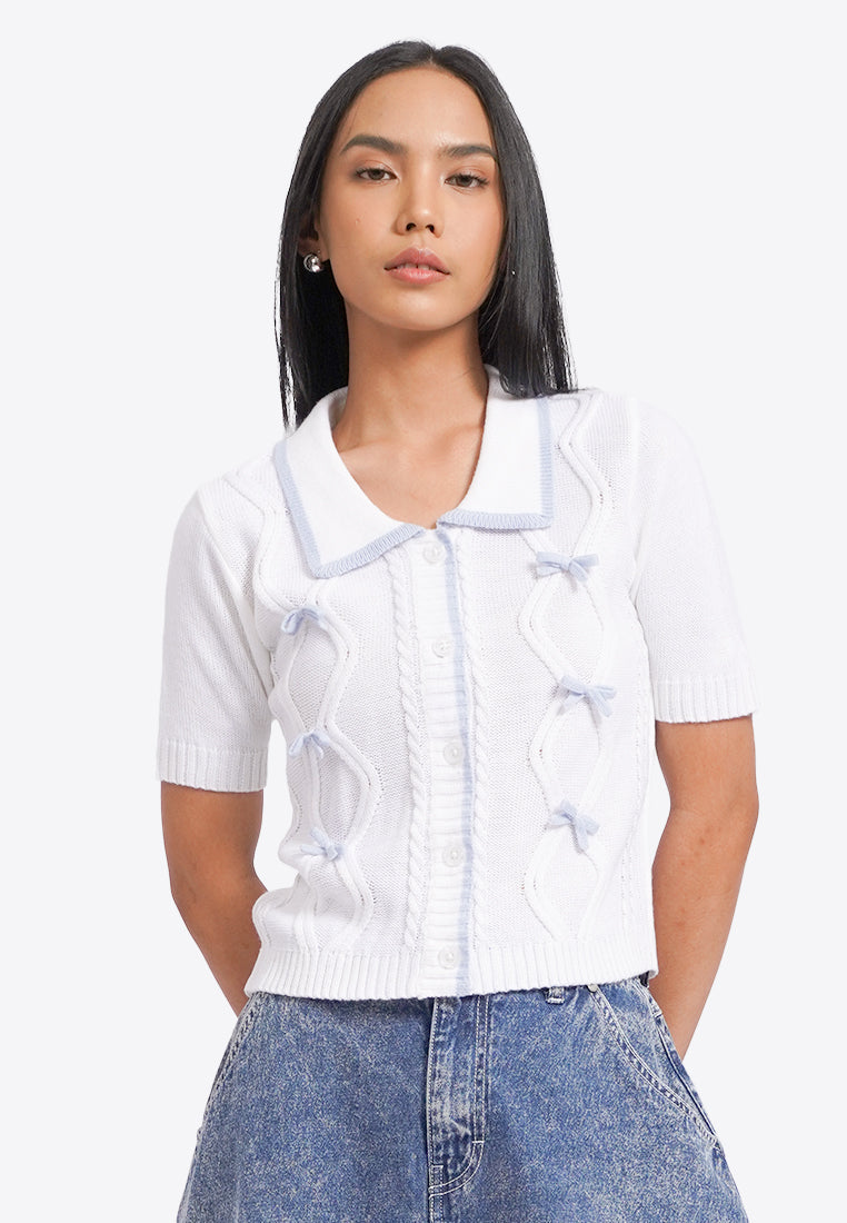 Short Sleeve Bow Collar Knit Top