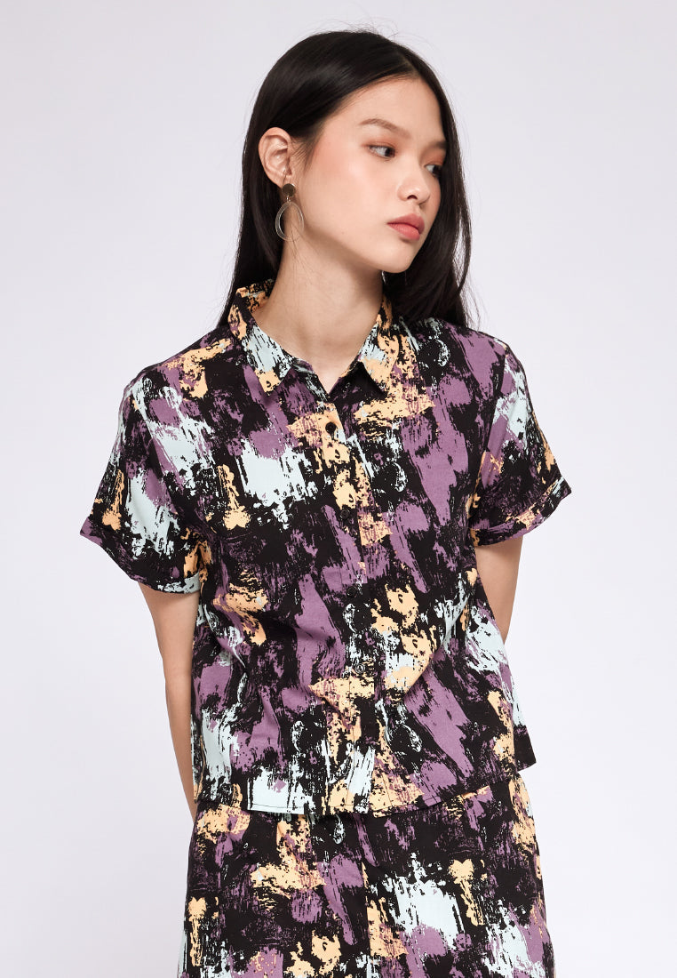 Printed Short Sleeve Crop Blouse