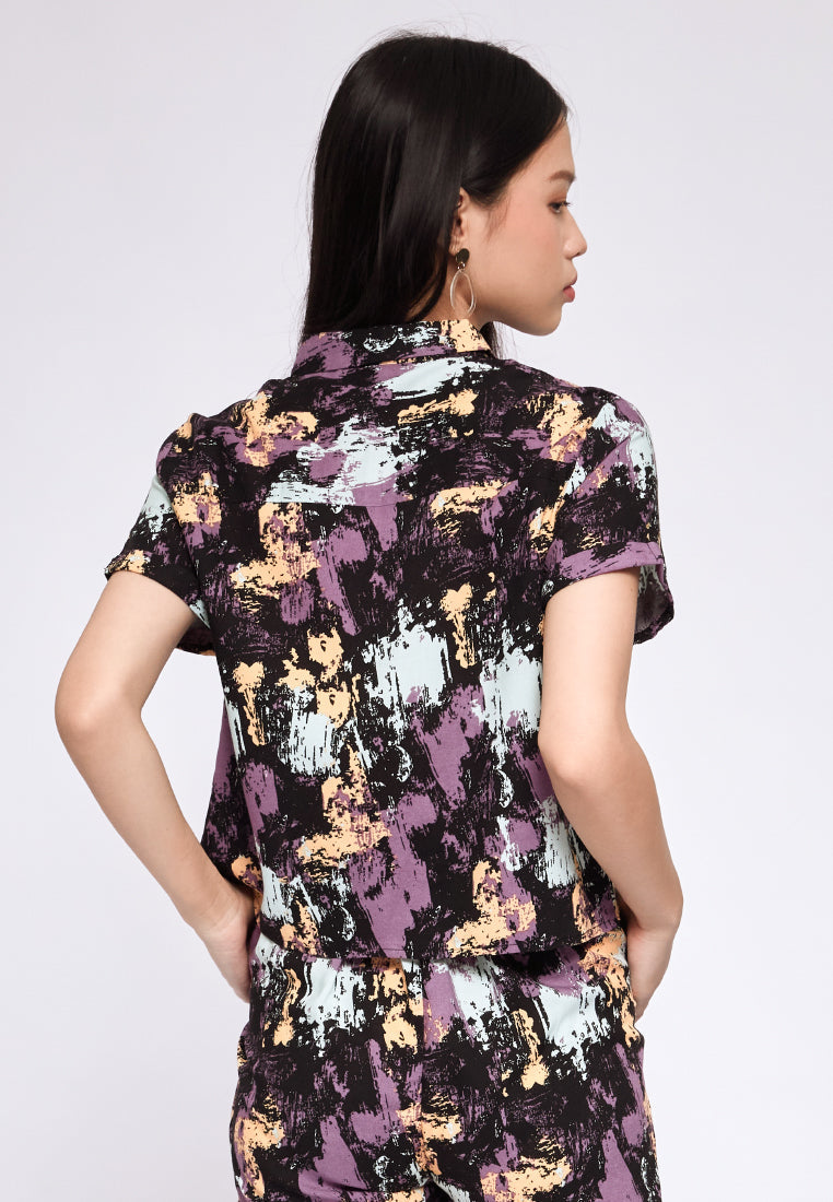 Printed Short Sleeve Crop Blouse