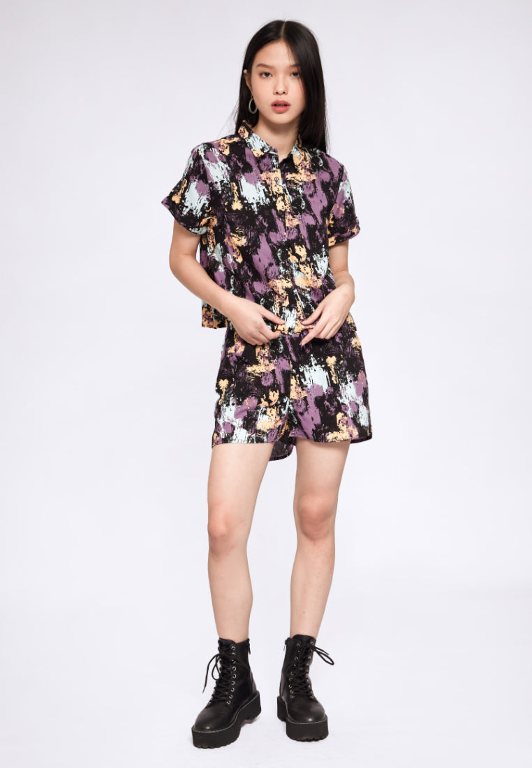 Printed Short Sleeve Crop Blouse