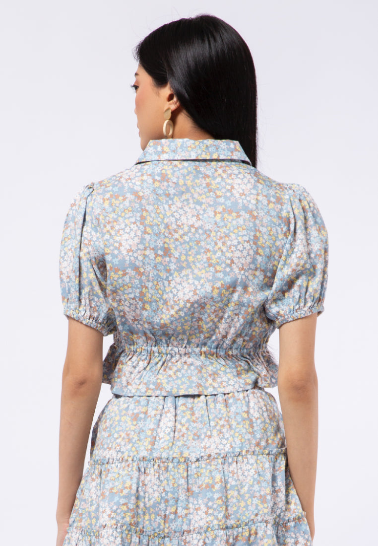 Puff Sleeve Printed Crop Blouse