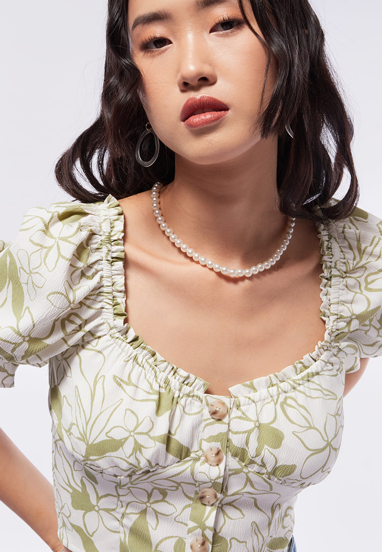 Printed Puff Sleeves Crop Top
