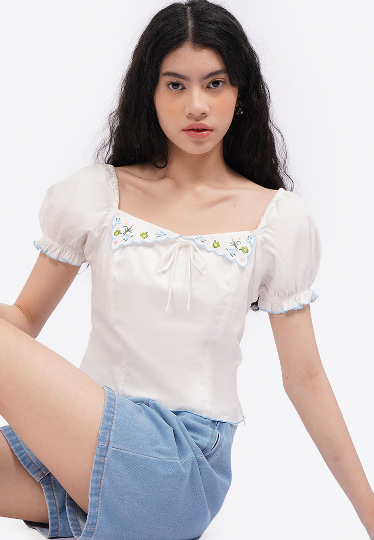 Embroidered Puff Sleeves Blouse Off White