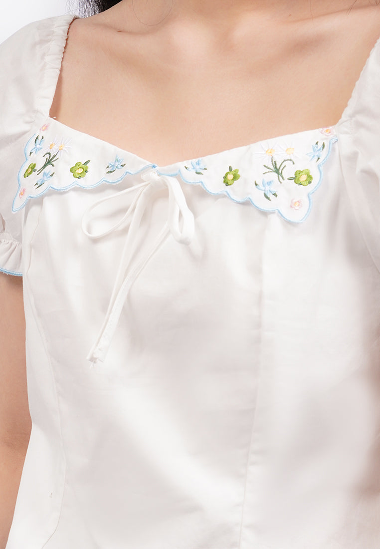 Embroidered Puff Sleeves Blouse Off White