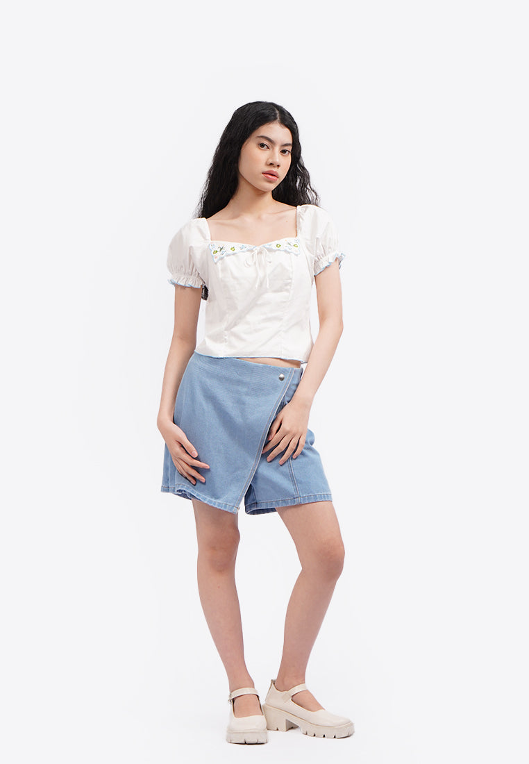 Embroidered Puff Sleeves Blouse Off White