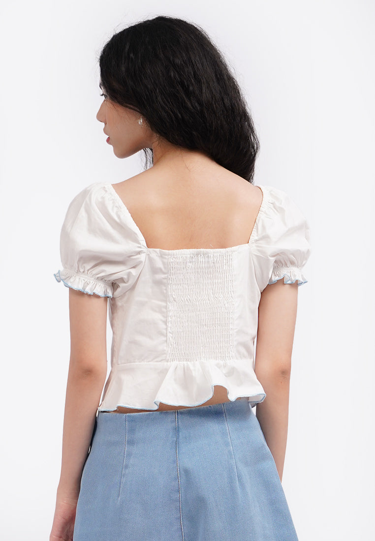 Embroidered Puff Sleeves Blouse Off White