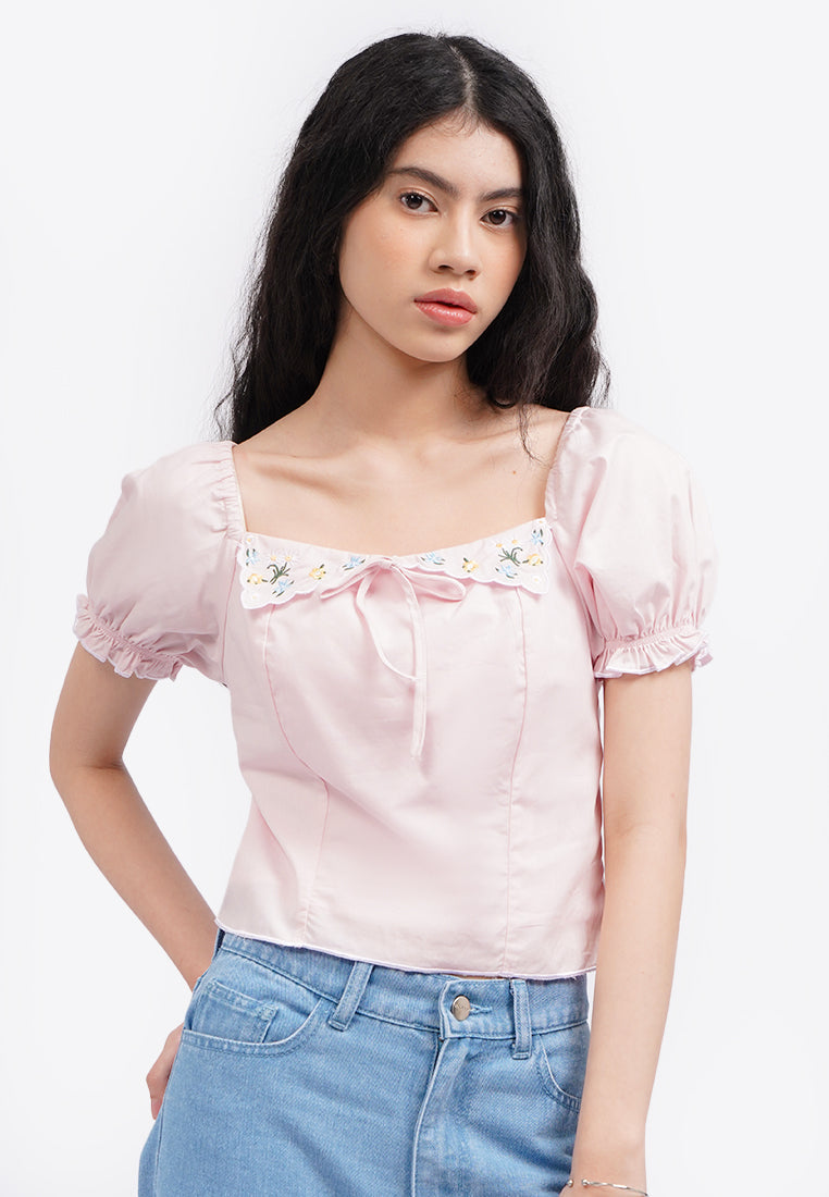 Embroidered Puff Sleeves Blouse L.Pink