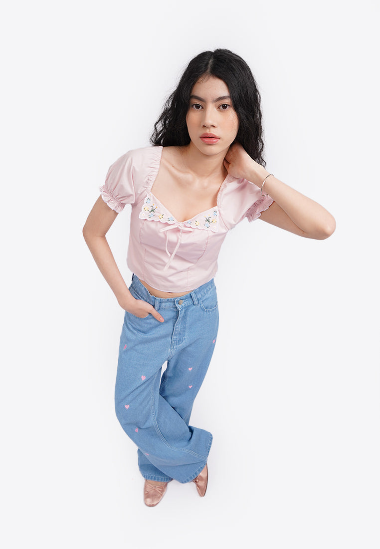 Embroidered Puff Sleeves Blouse L.Pink