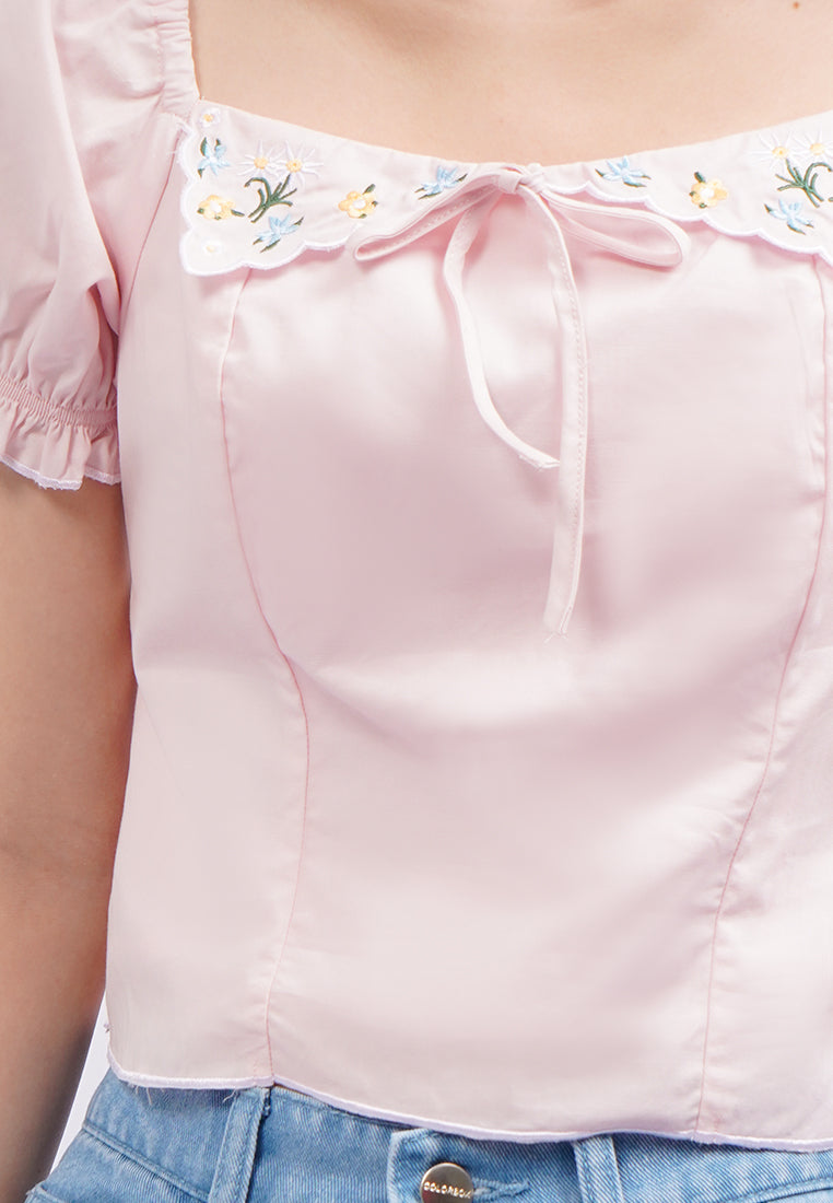 Embroidered Puff Sleeves Blouse L.Pink