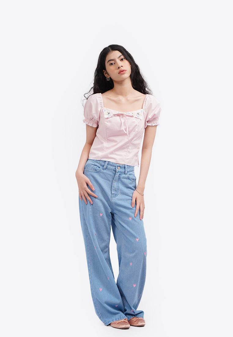Embroidered Puff Sleeves Blouse L.Pink