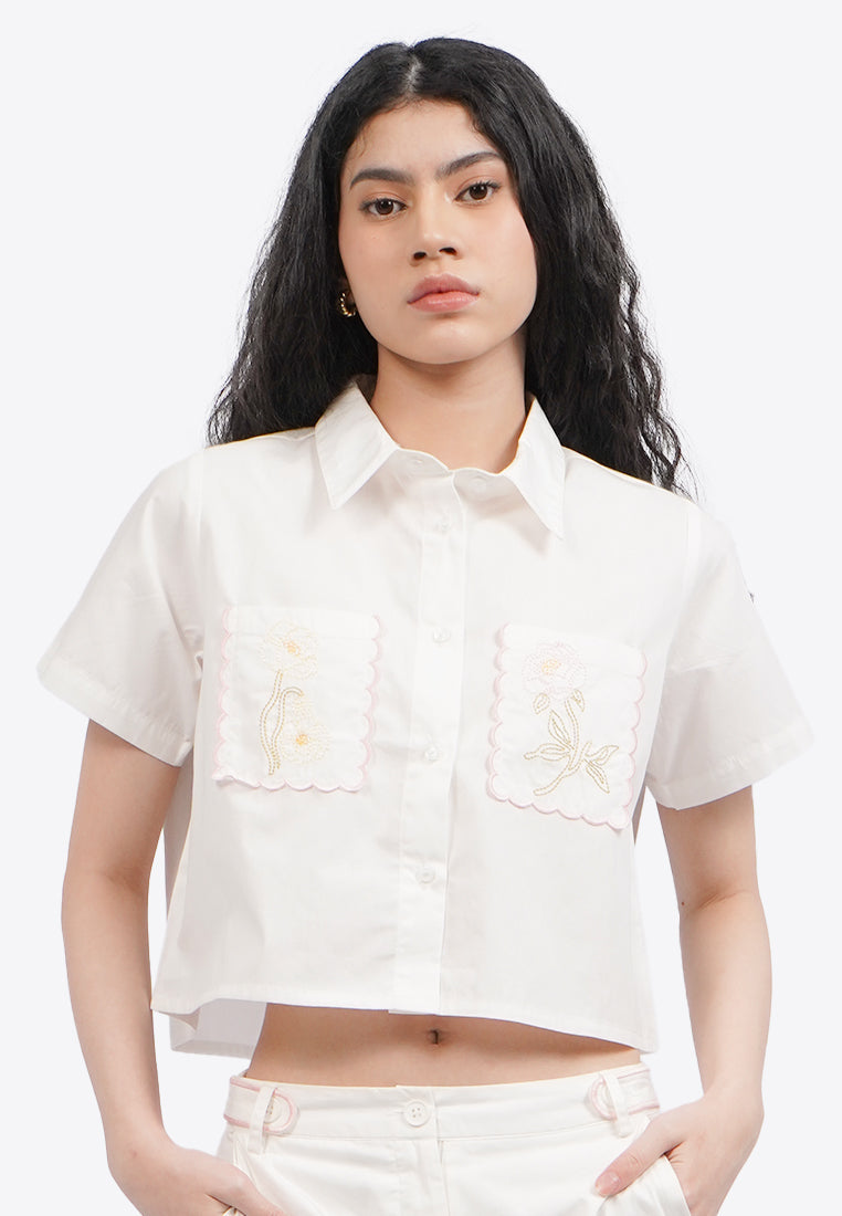 Embroidered Short Sleeve Crop Shirt
