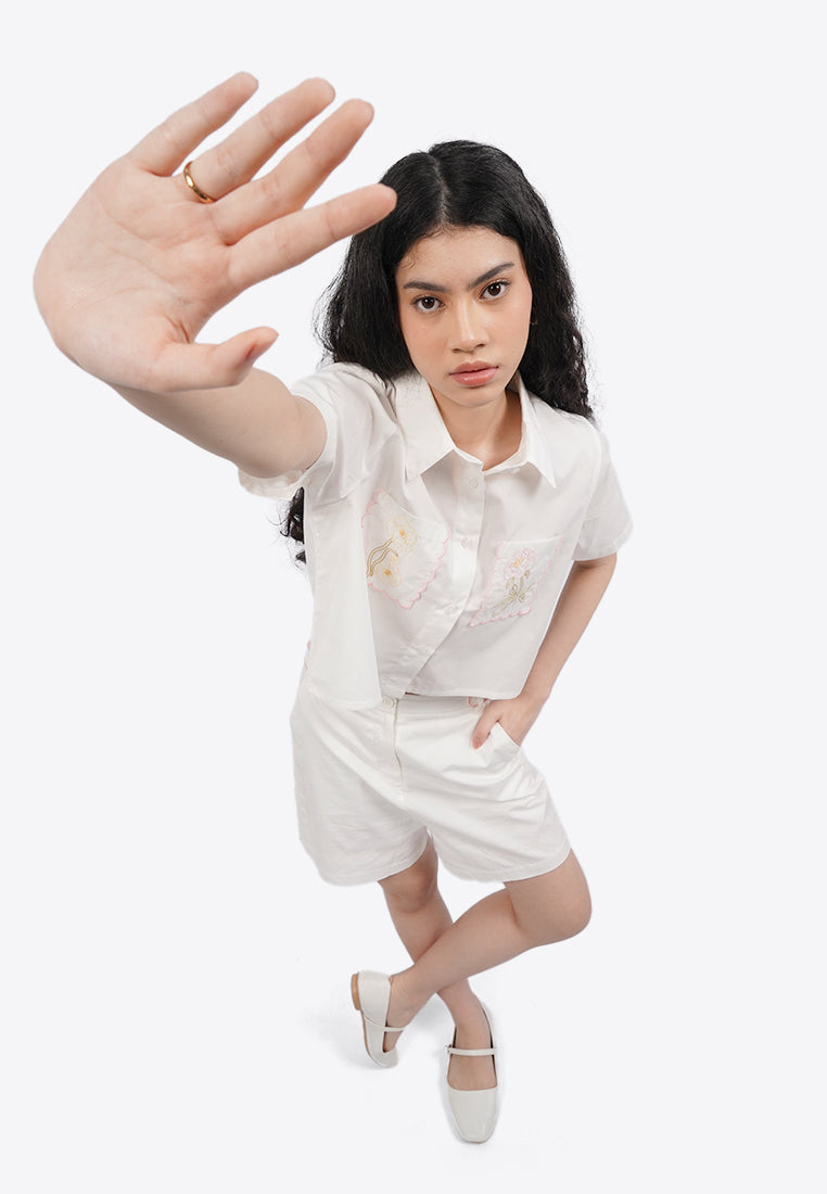 Embroidered Short Sleeve Crop Shirt