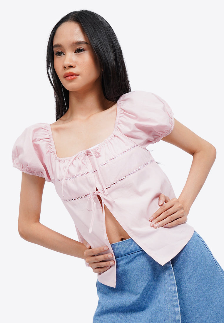 Tied Front Puff Sleeves Blouse