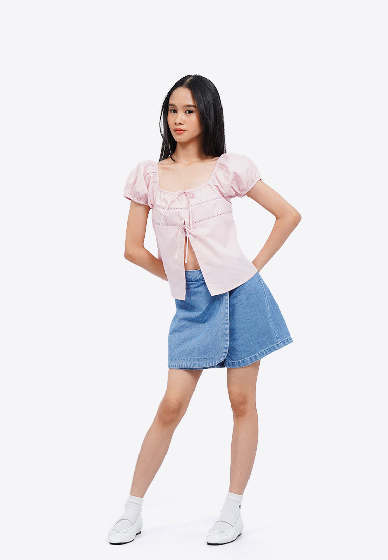 Tied Front Puff Sleeves Blouse