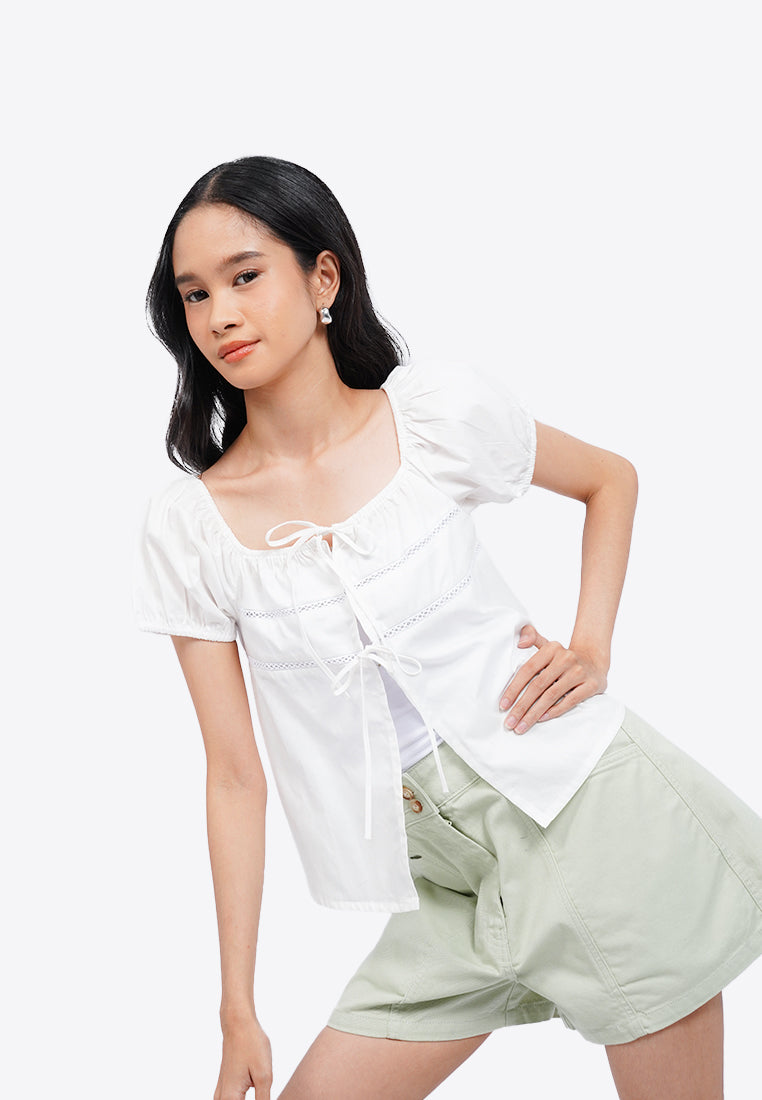 Tied Front Puff Sleeves Blouse