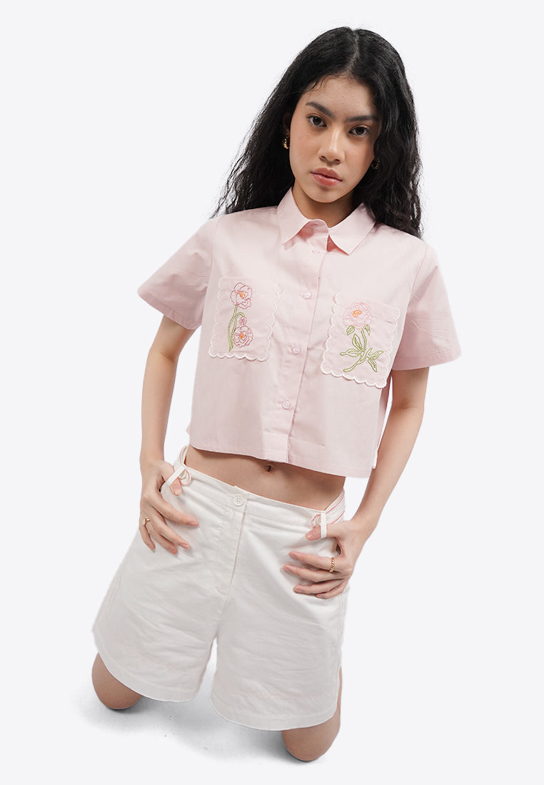 Embroidered Short Sleeve Crop Shirt