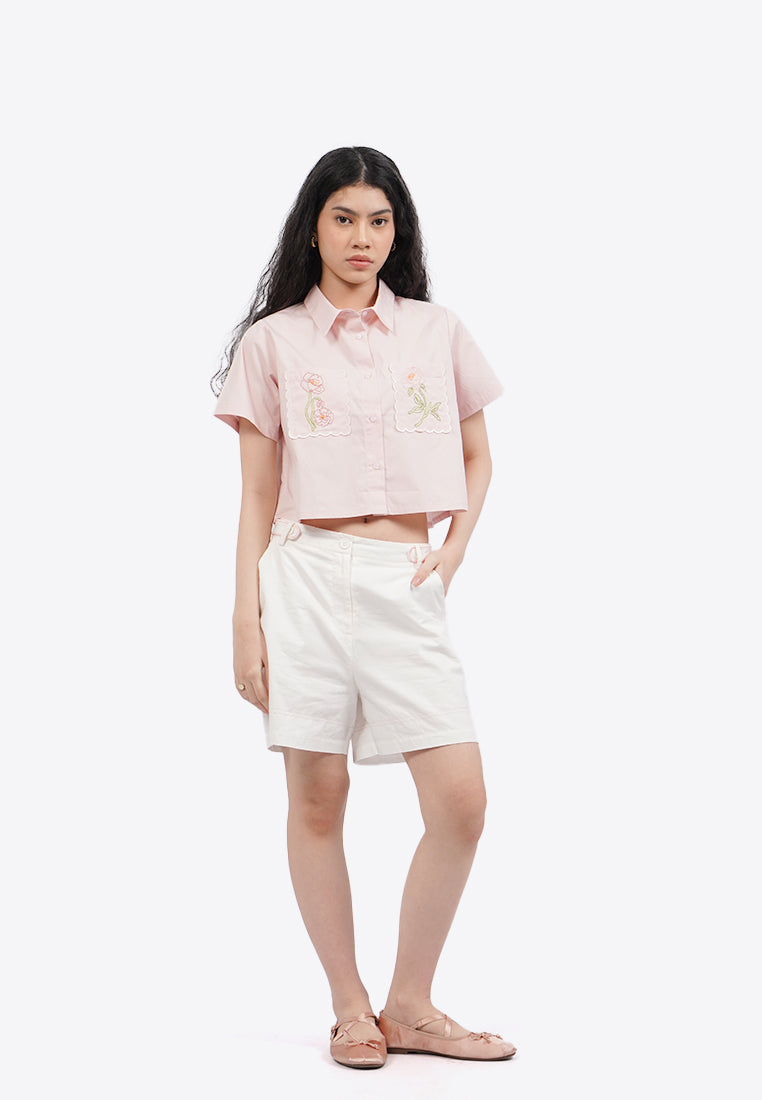Embroidered Short Sleeve Crop Shirt