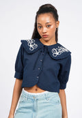 Embroidered Wide Collar Crop Blouse