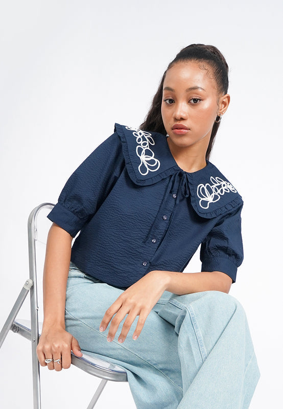 Embroidered Wide Collar Crop Blouse