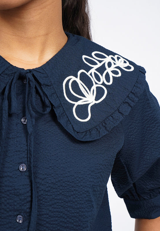 Embroidered Wide Collar Crop Blouse