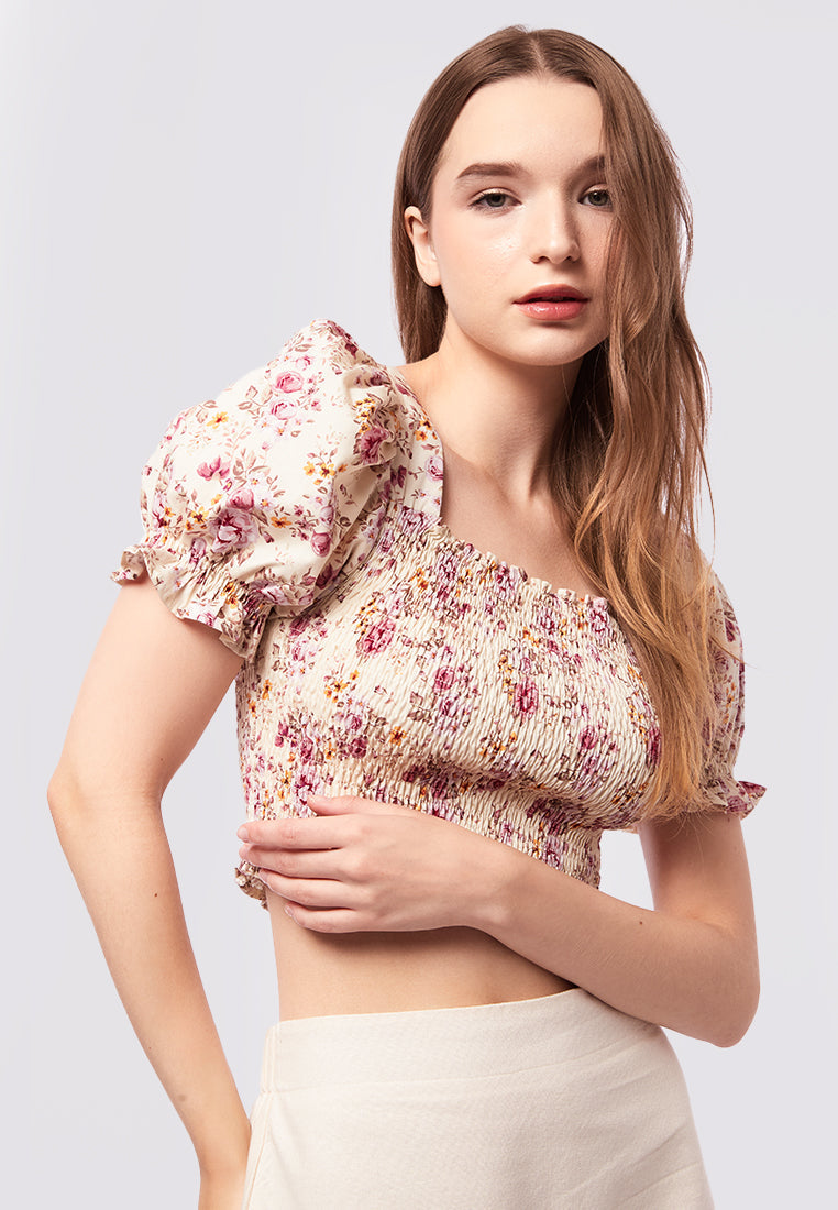 Puff Sleeve Printed Smocked Top