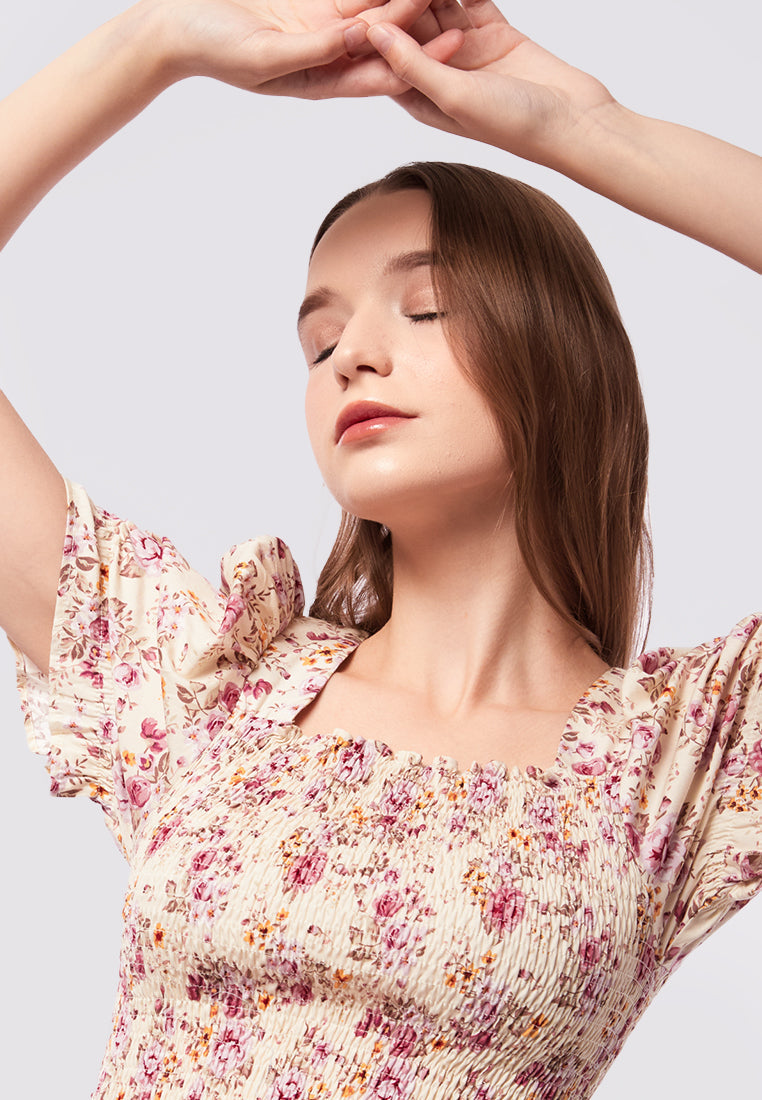 Puff Sleeve Printed Smocked Top