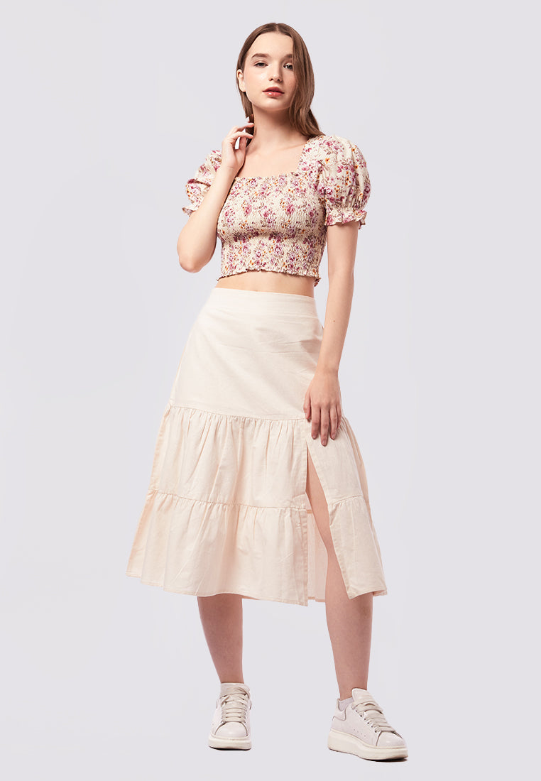 Puff Sleeve Printed Smocked Top