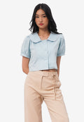 Peterpan Collar Short Sleeve Blouse Teal Blue