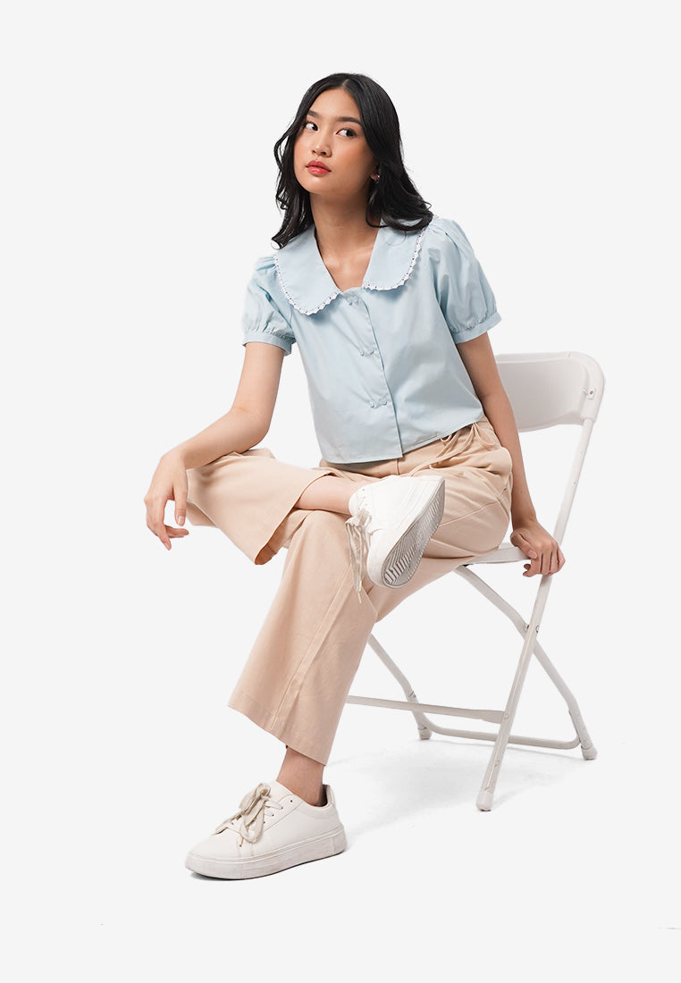 Peterpan Collar Short Sleeve Blouse Teal Blue