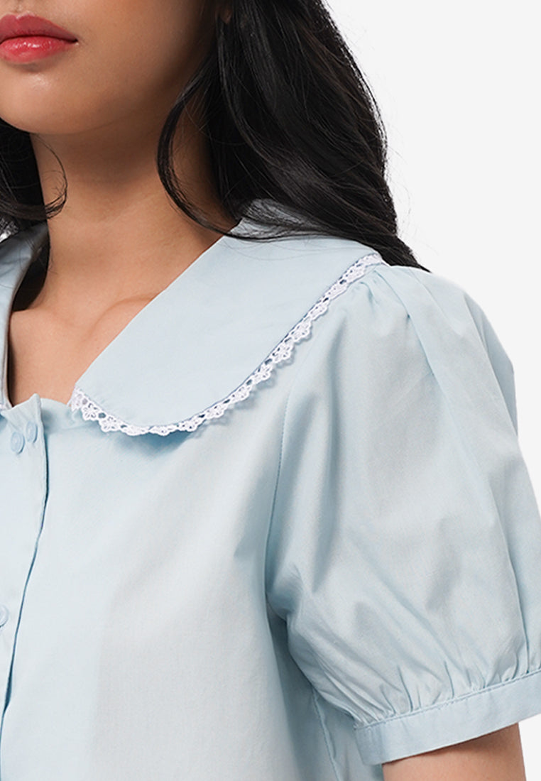 Peterpan Collar Short Sleeve Blouse Teal Blue