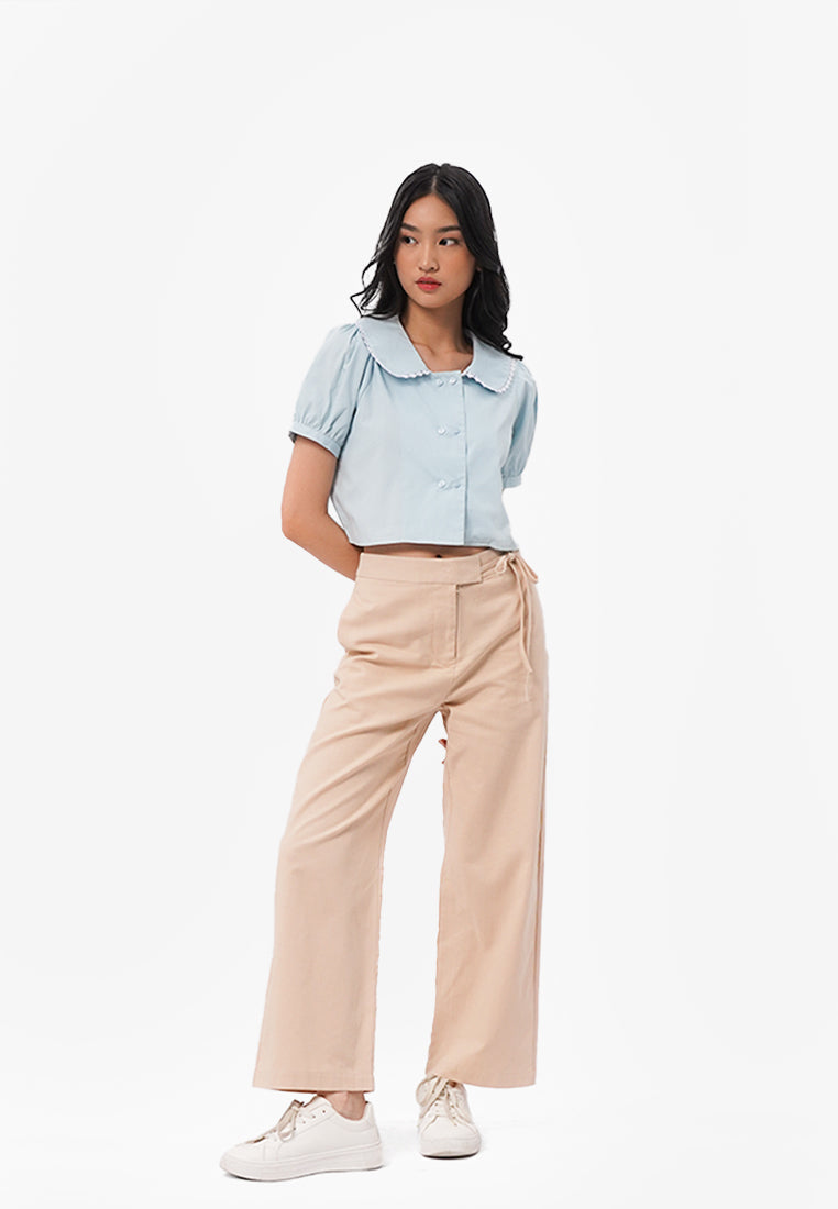 Peterpan Collar Short Sleeve Blouse Teal Blue