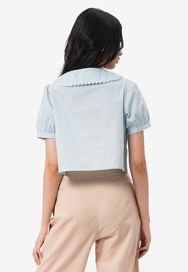 Peterpan Collar Short Sleeve Blouse Teal Blue