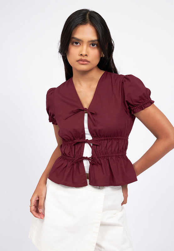 V-Neck Puff Sleeve Open Top