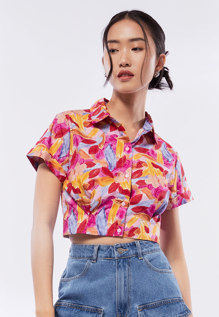 Printed Short Sleeve Crop Blouse