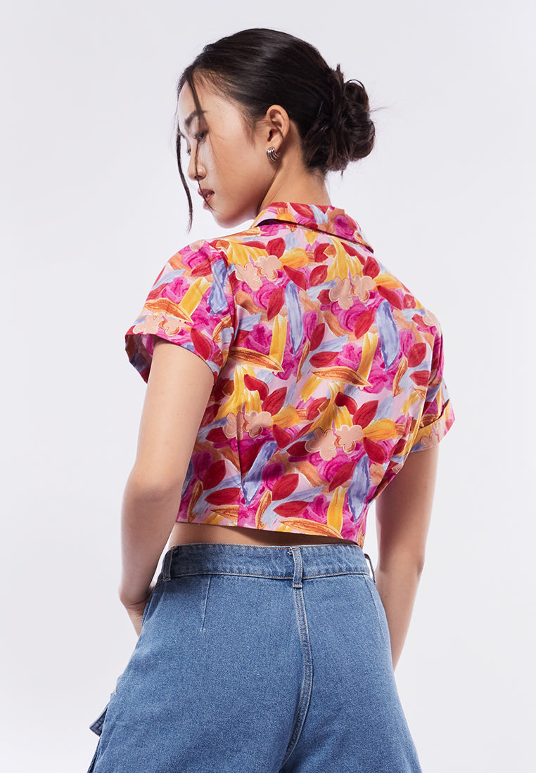 Printed Short Sleeve Crop Blouse