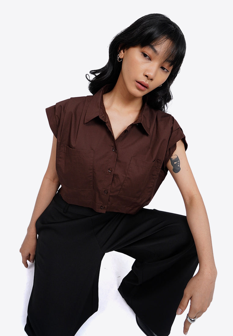 Button Up Shirt with Pleats Shoulder