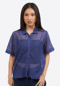 Short Sleeve Button Up Mesh Top