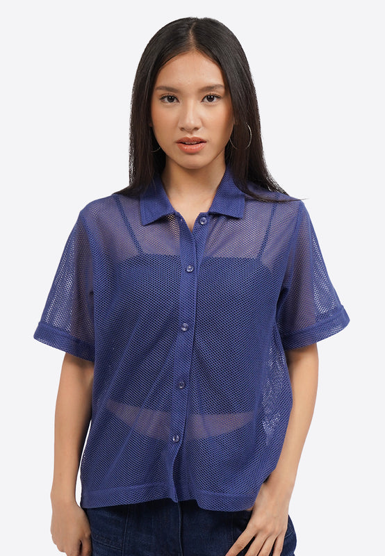 Short Sleeve Button Up Mesh Top