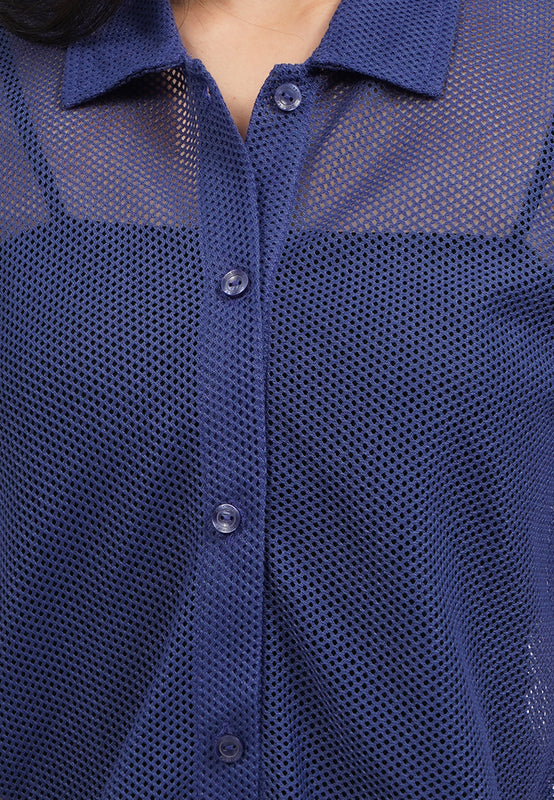 Short Sleeve Button Up Mesh Top