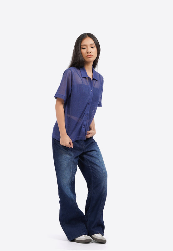 Short Sleeve Button Up Mesh Top