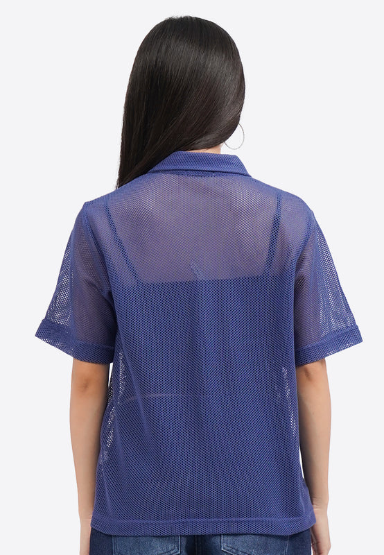 Short Sleeve Button Up Mesh Top