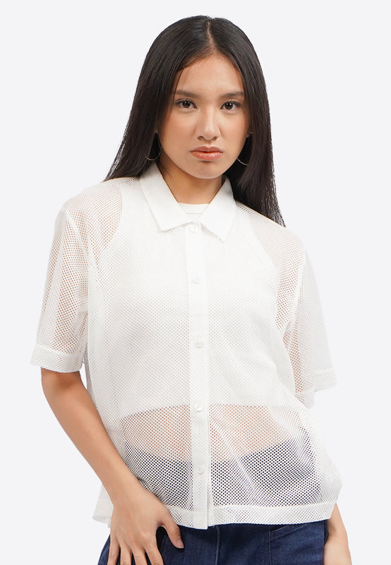 Short Sleeve Button Up Mesh Top