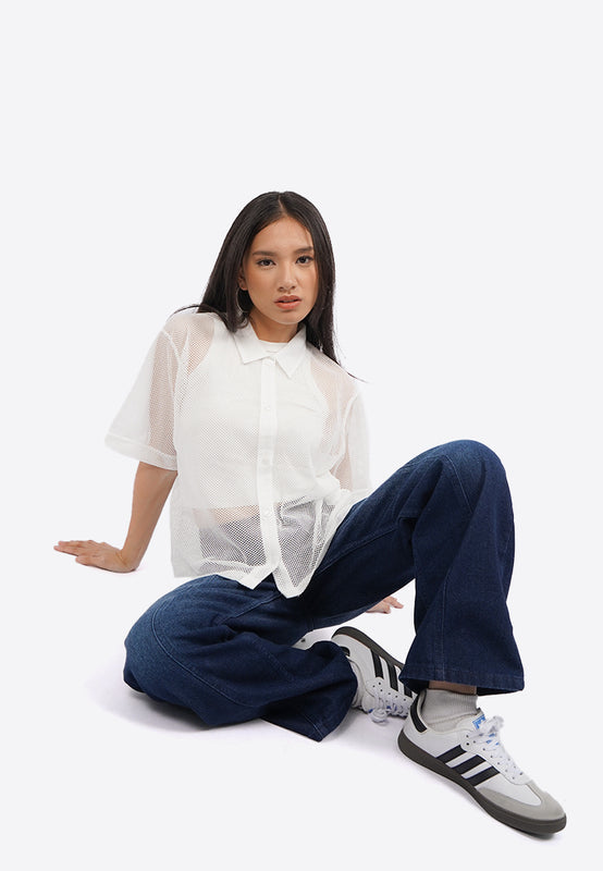 Short Sleeve Button Up Mesh Top