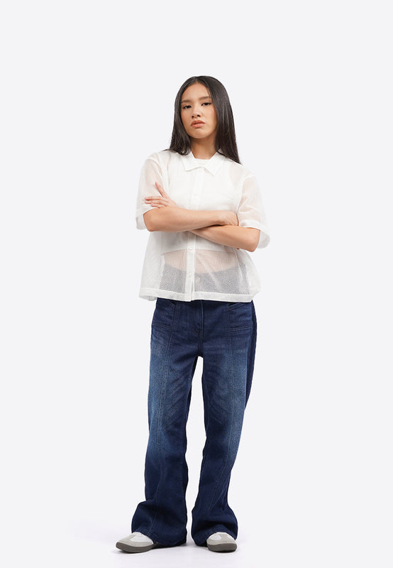 Short Sleeve Button Up Mesh Top