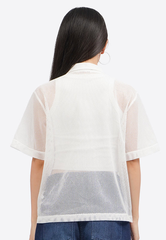 Short Sleeve Button Up Mesh Top